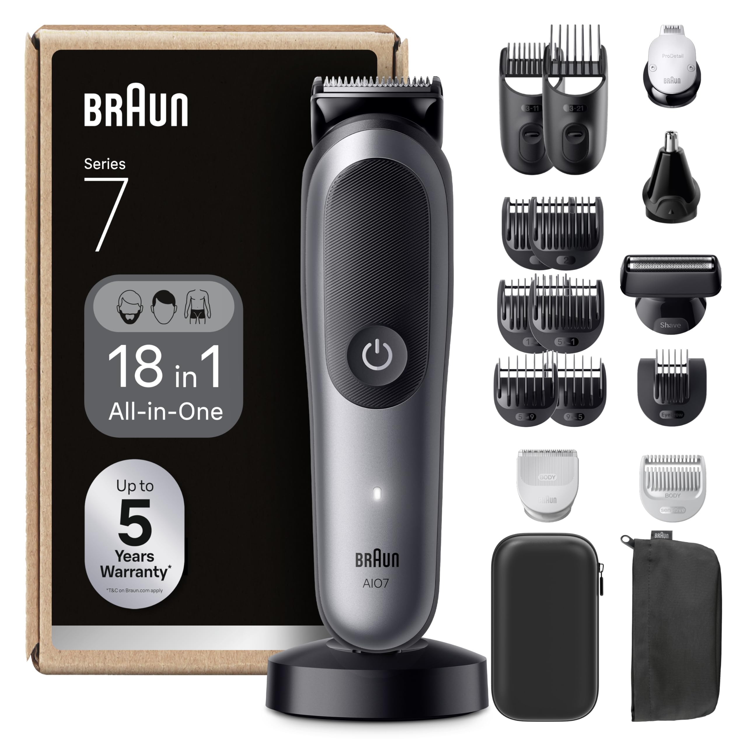 Braun Recortadora Todo En Uno Series 7 AIO7585, Kit De Styling 18en1 Para Barba, Pelo, Orejas, Nariz y Cuerpo, 120 Min De Autonomía, Cortapelos Hombre Con Lámina Ultra Afilada, Gris