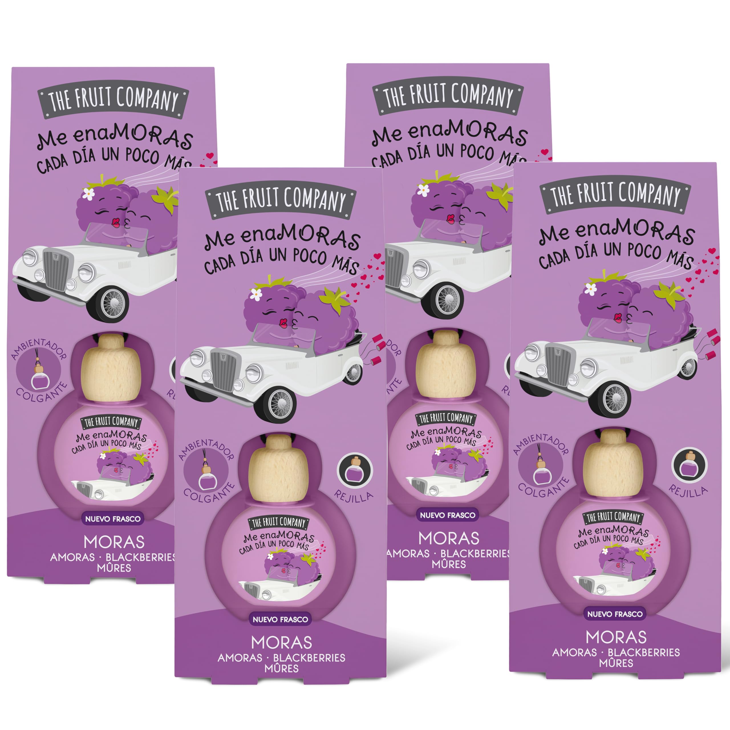 The Fruit Company - Ambientador de coche con Absorbe olores, aroma frutal MORAS, Pack de 4 unidades