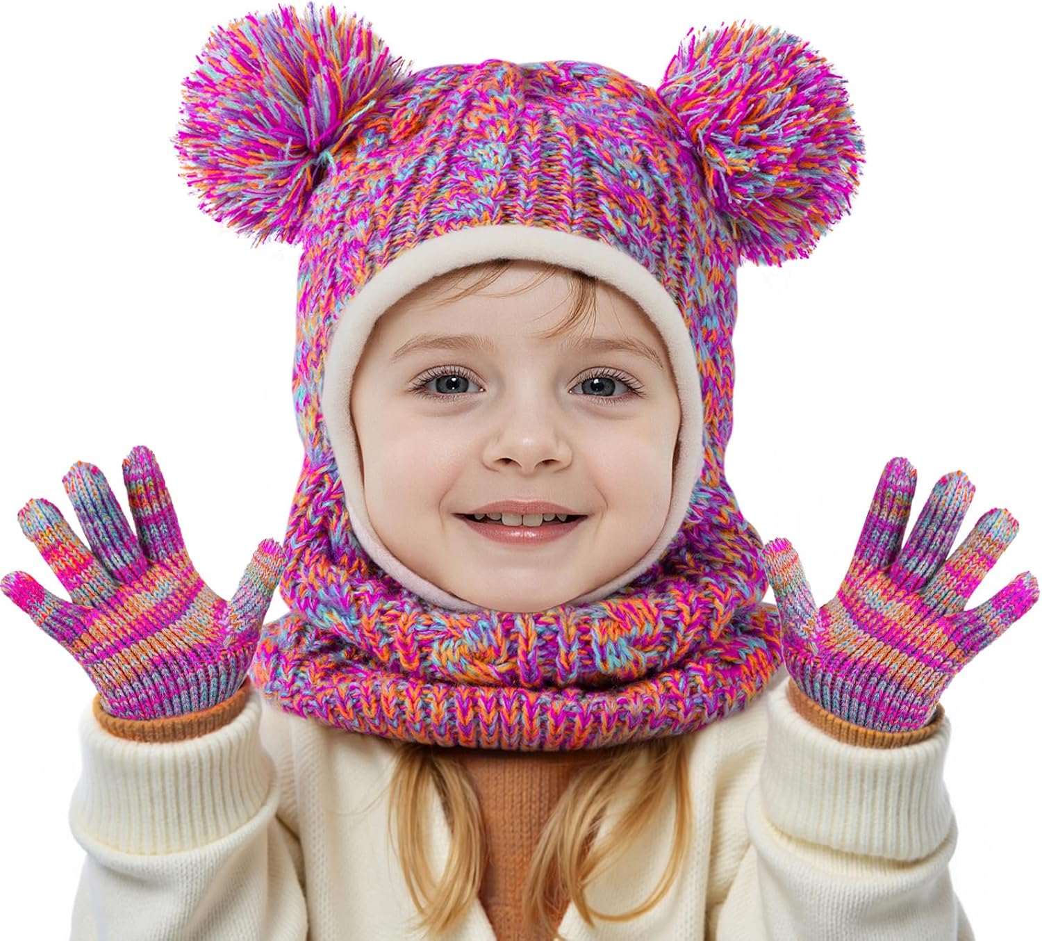 HONGTEYA Toddler Winter Hat Scarf Glove Set, Unisex Baby Kids Velvet Lined Knitted Hat with Neck Warmer for Cold Weather