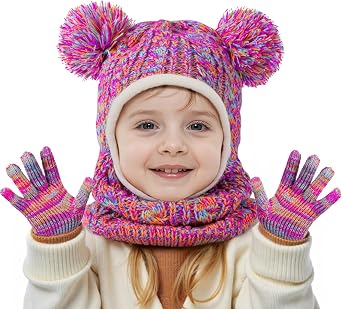 HONGTEYA Toddler Winter Hat Scarf Glove Set, Unisex Baby Kids Velvet Lined Knitted Hat with Neck Warmer for Cold Weather