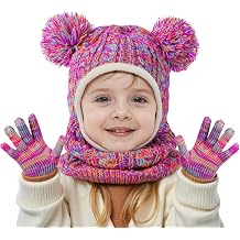 Toddler Winter Hat Scarf Glove Set, Unisex Baby Kids Velvet Lined Knitted Hat with Neck Warmer for Cold Weather