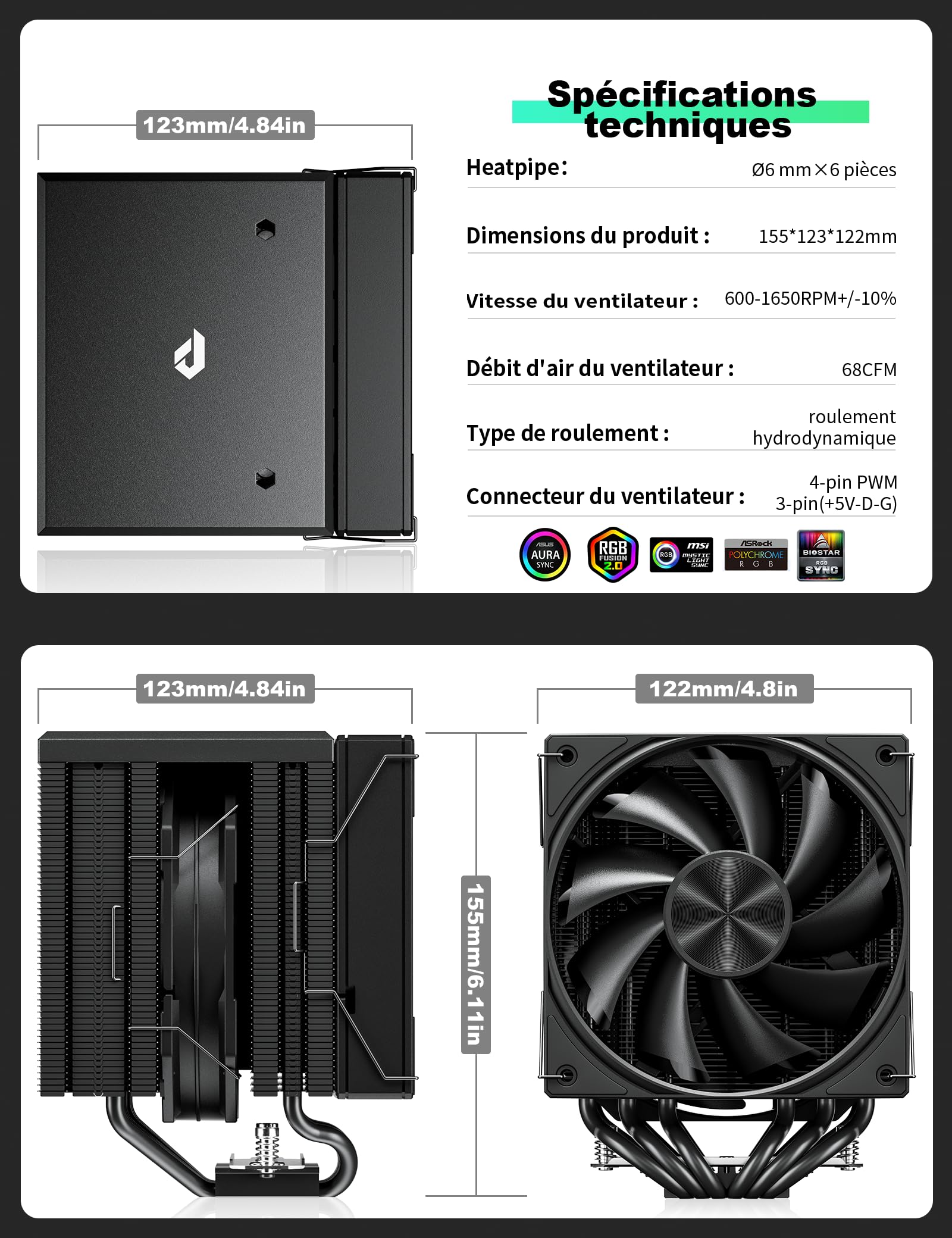 upHere gaming Refroidisseur CPU,Dual Tower 6 Heat Pipes CPU Cooler,2 * 120MM PWM Ventilateur PC,Sans Enlever le Ventilateur pour l'installer,CPU Cooler,pour Ventirad AM4 AM5/Intel 2011/2066,UE2K6.