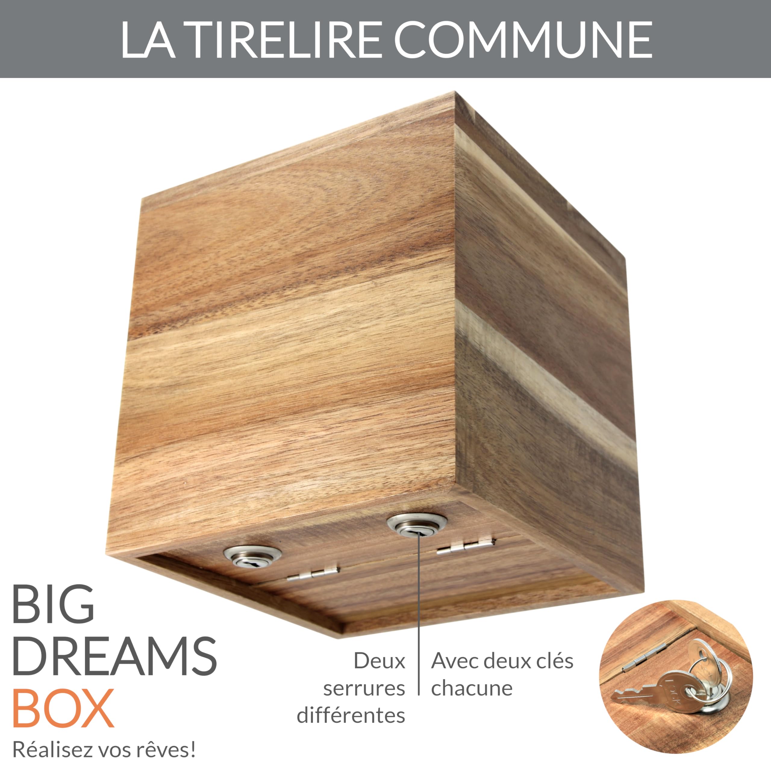 BIG Dreams Box - Tirelire en Bois Élégante & Défi d'Épargne - Cadeau pour Couple, Mariage, Fiançailles | pour Économiser pour Les Vacances ou Les Voyages | Boîte de Pourboires et de Dons