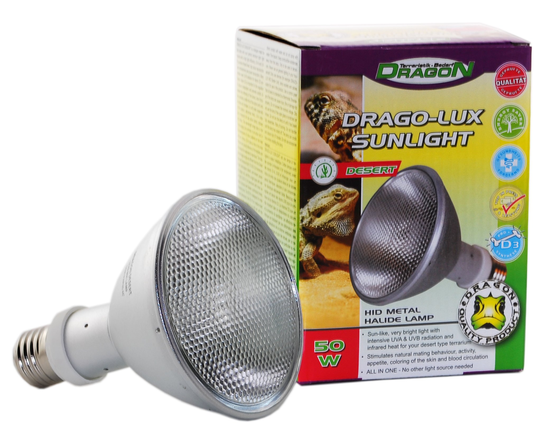 DRAGO-LUX Sunlight DESERT 50w - Metalldampflampe für E27 Fassung mit UVA und UVB Strahlung