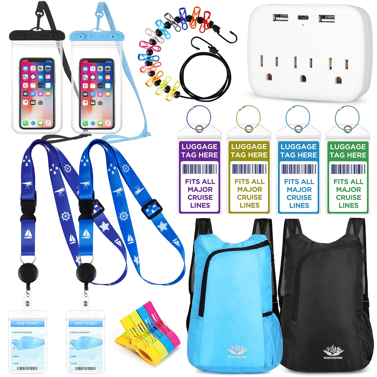 Cruise Must Haves Includes Cruise Luggage Tags, Cruise Lanyard, Waterproof Phone Bags, Travel Clothesline, Portable Backpack, Towel Clips, Power Strip