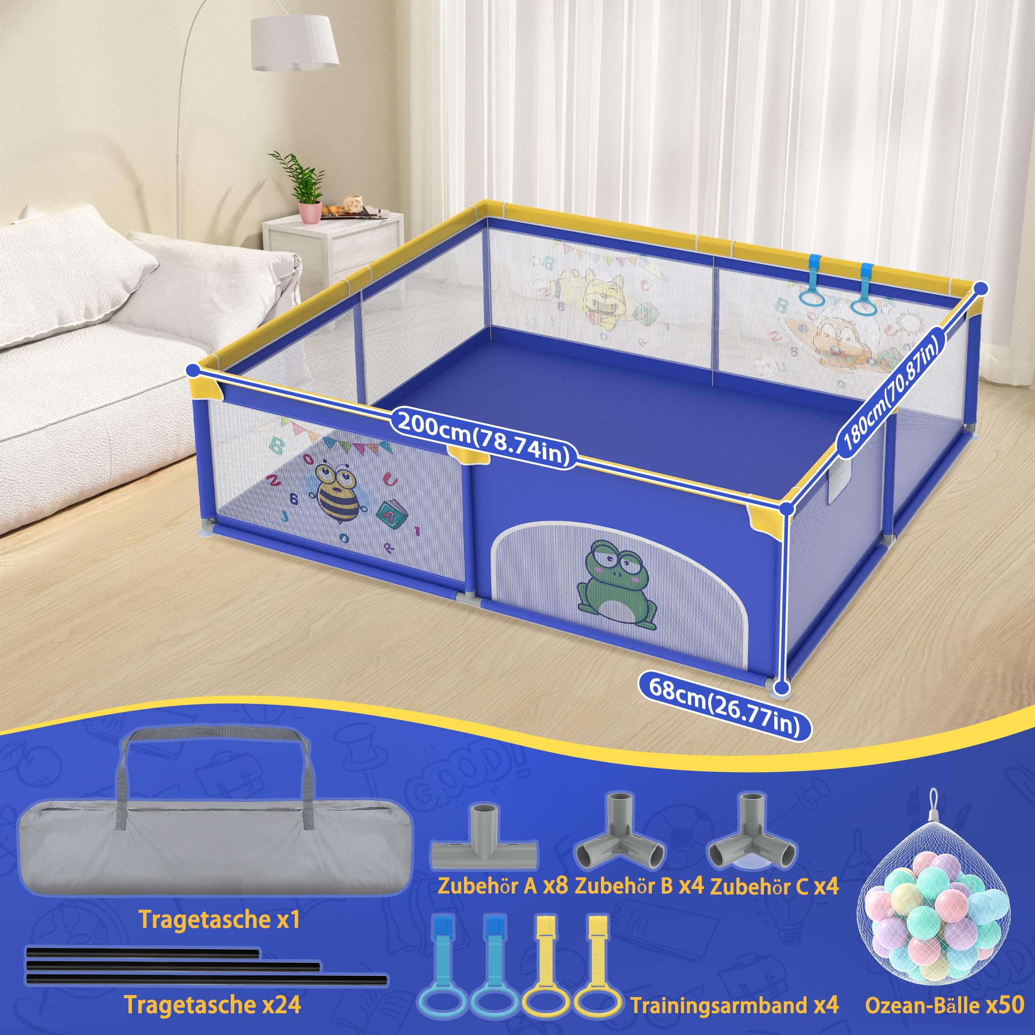 UISEBRT Parc pour bébé 180x200cm avec 50 balles océaniques & 4 anneaux de traction & sac de transport, parc pliable avec filet respirant pour enfants, bleu avec motifs animaux
