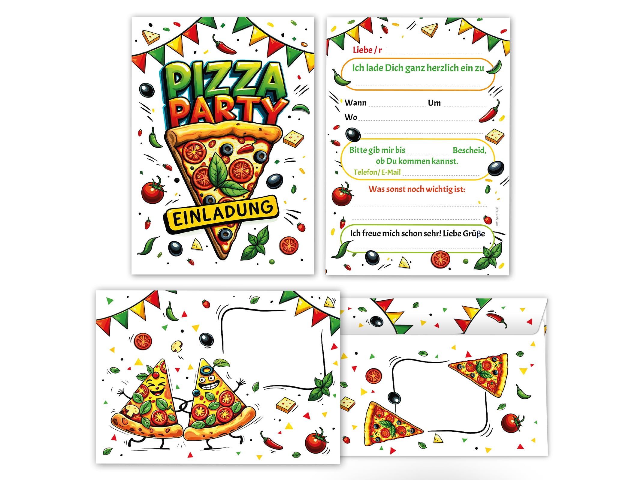 Junaversum 8 Einladungskarten inkl. 8 Umschläge zum Kindergeburtstag Pizza Party Pizza-Party Pizzaessen Jungen Mädchen Kinder Erwachsene Einladungen Geburtstag Geburtstagseinladungen