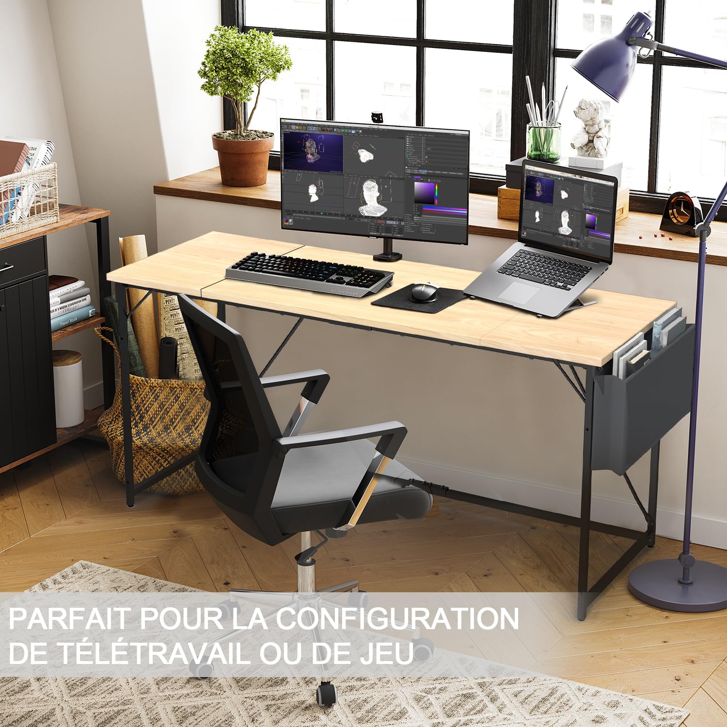 Devoko Scrivania per Computer, Scrivania PC da Ufficio, Scrivania salvaspazio per Studio, Scrivania da Lavoro con Borsa Portaoggetti e Gancio para, Struttura in Metallo 140 x 50 x 75 cm, Beige