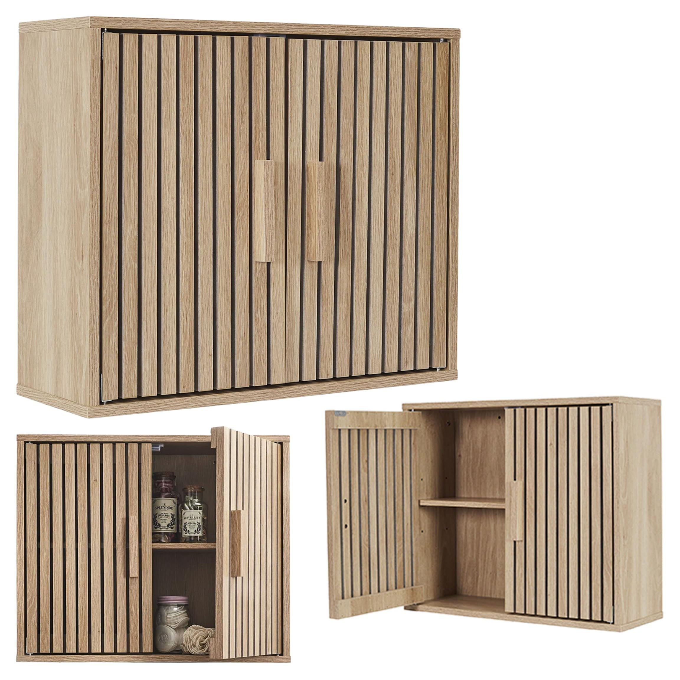 Armoire suspendue Linea avec fraisages verticaux aspect bois - Élégante armoire murale avec 2 portes et étagères pour salle de bain, cuisine, couloir
