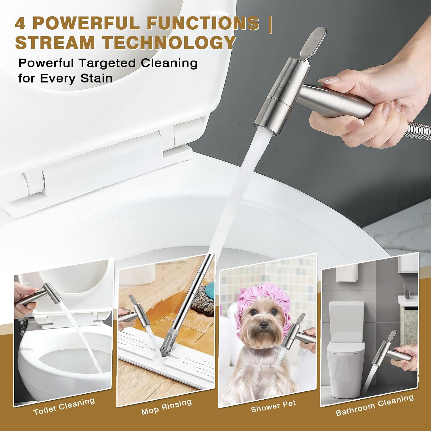 Handheld Bidet Sprayer Head(4-Function, 1-Pack, Brushed Nickel) | Single Bidet Head, 4-Function Bidet Sprayer, Spray & Stream, Sweep, Point Jet Mode, Adjustabel Water Pressure for Toilet