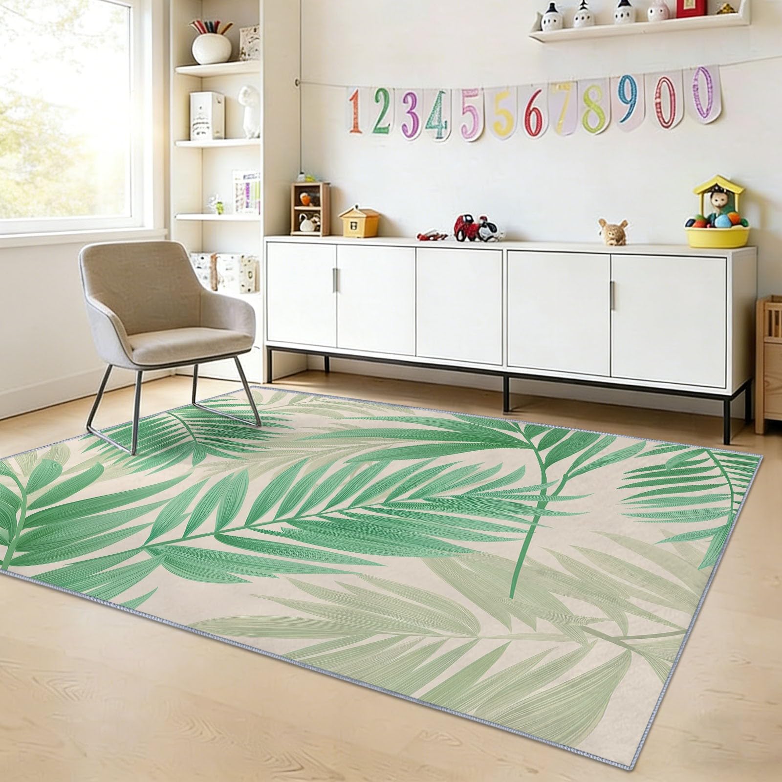 Tapis Salon 160x230 cm Plantes Vert Feuilles de Palmier Rayures, Style Rustique Moquette Imprimé Lavable en Machine - Vert Sauge Tapis Doux Antidérapant pour Chambre à Coucher et Bureau Salle de Jeux