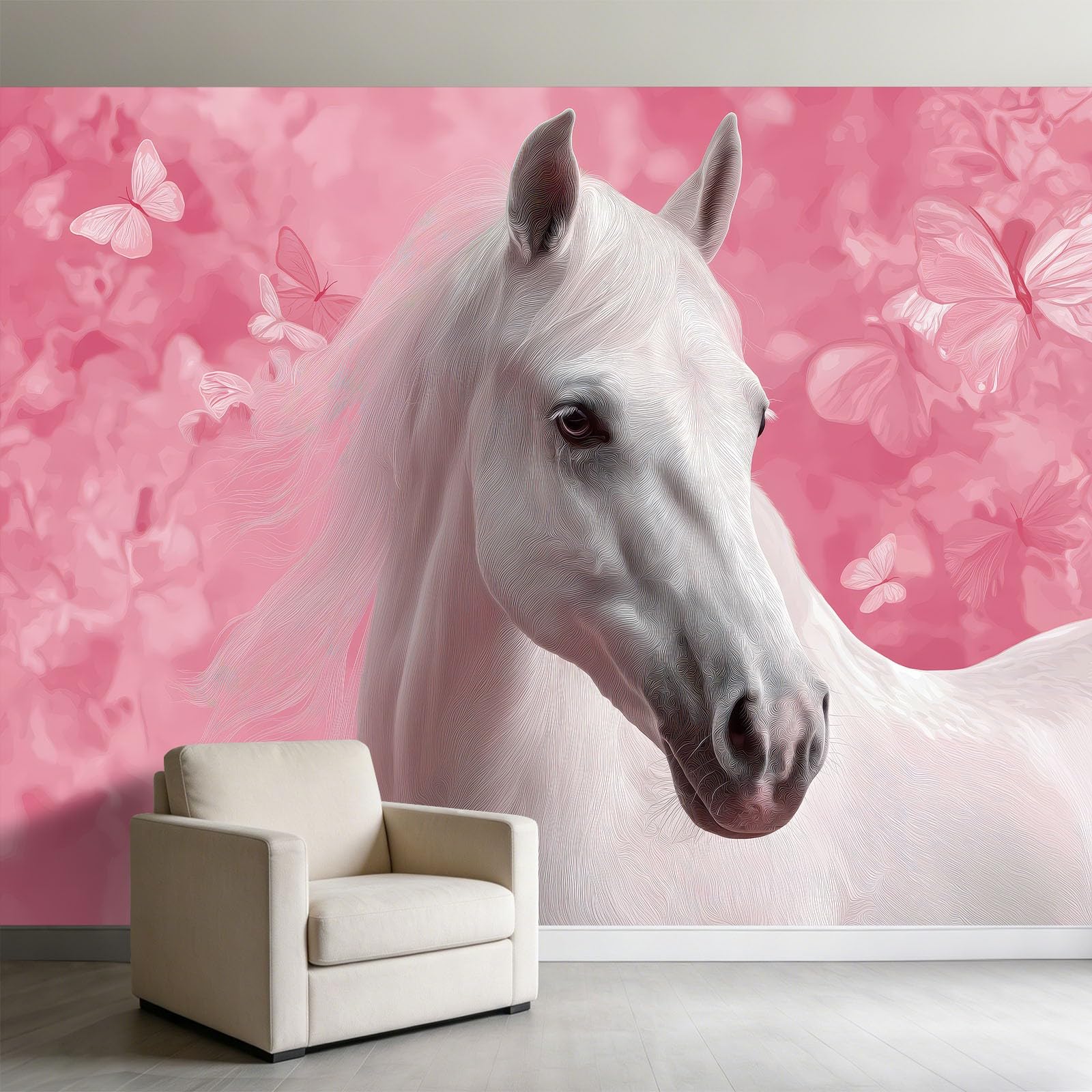 Panoramiczna Tapeta Biały Koń Różowy Motyl 500 x 280 cm Fototapeta Fotografia Zwierząt Fototapeta Włóknina Do Sypialni Salon Tło TV - Plakat Obrazy Zdjęcia Mural