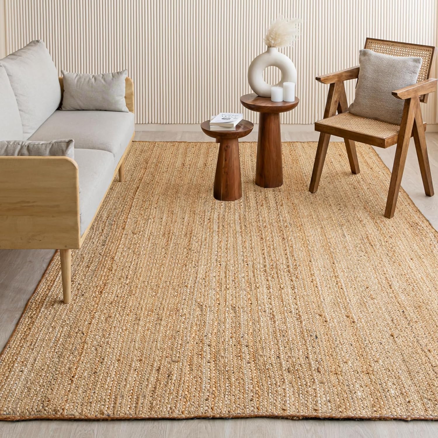 homemonde jute rug 9'x12' rectangular boho home decor area rug - natural hand woven rustic vintage reversible braided rug for bedroom, kitchen, living room, hallway, dining room