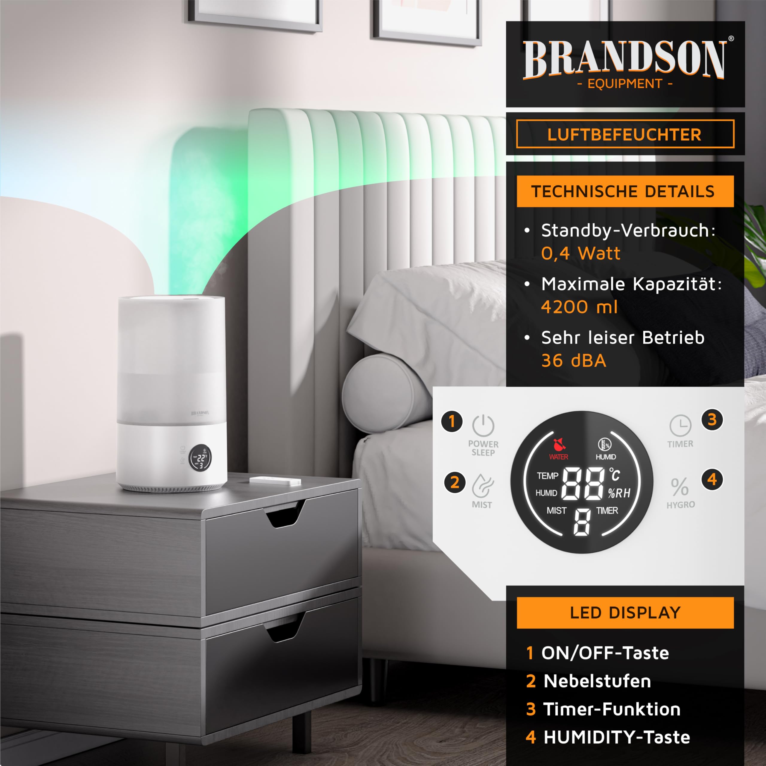 Arendo - Luftbefeuchter digital Display - 4,2 Liter - Fernbedienung - leise - 3 Nebelstufen - Sleep Funktion - Timer – Büro Wohnimmer Schlafzimmer