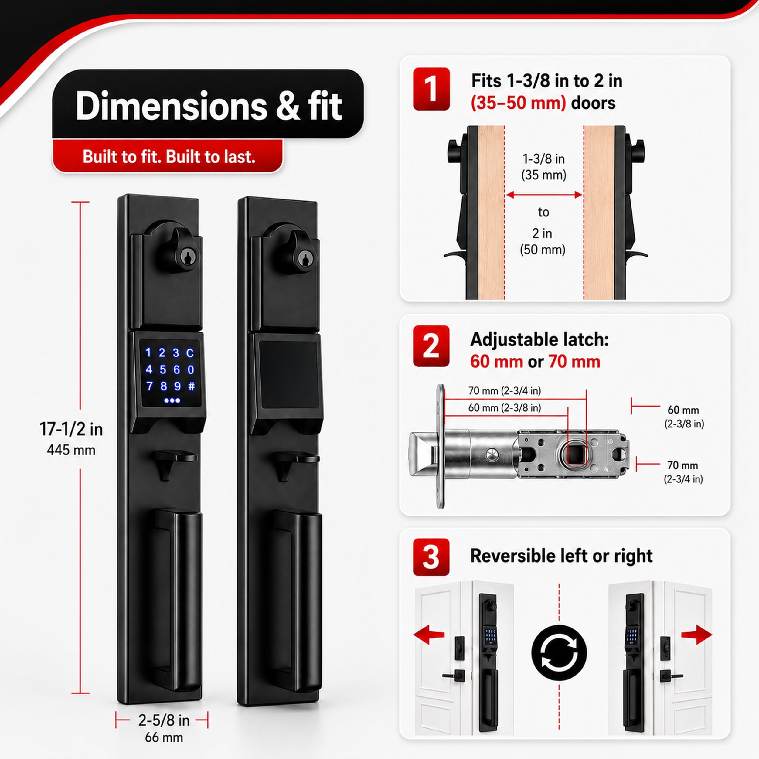 Cerradura de Puerta Electrónica Inteligente con Teclado para Puerta Doble, Manija Electrónica sin Llave Cerradura (Juego de Llaves y Ficticio), MMDHST2016DB-E-SET-1