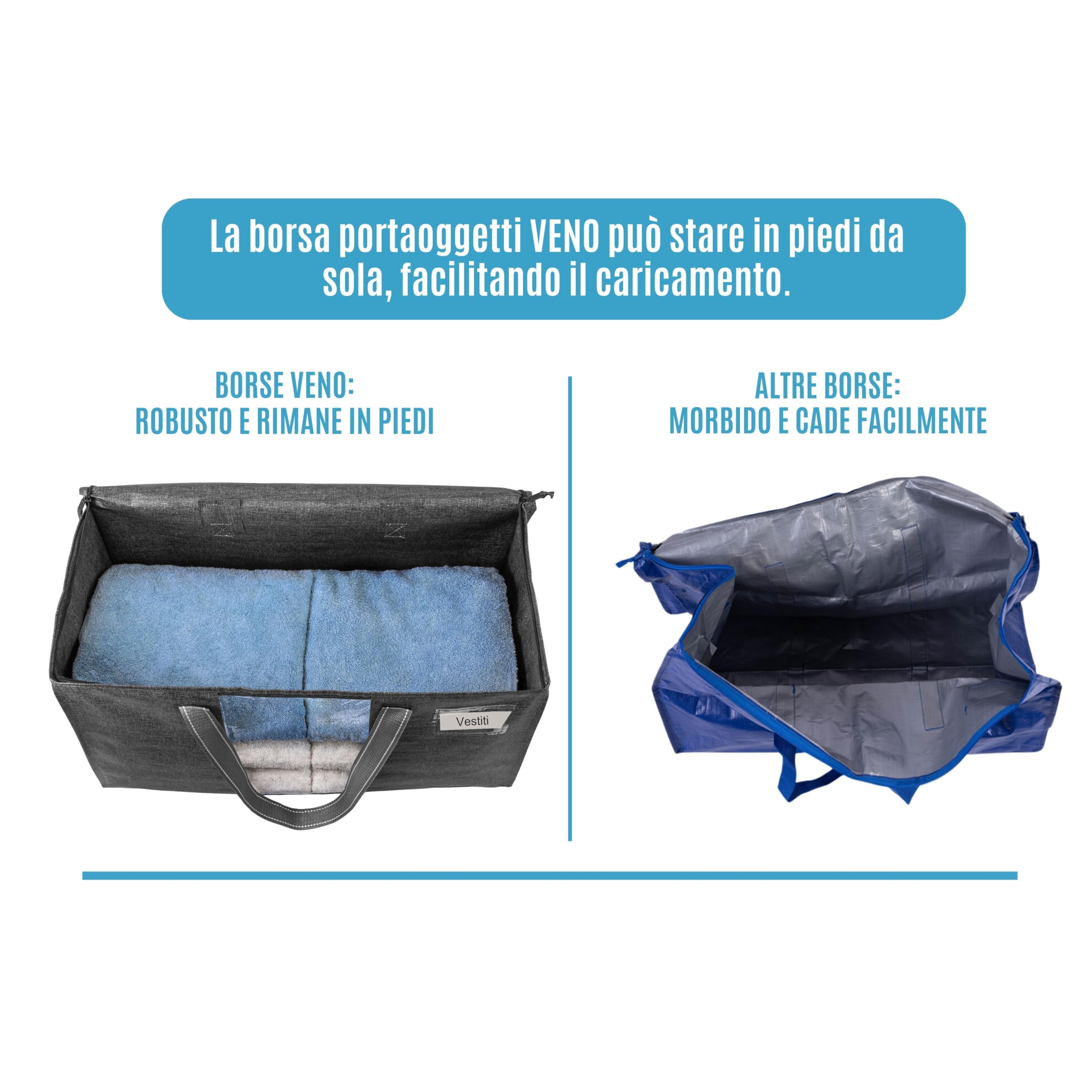 VENO 8 pezzi 76L Borse per trasloco grandi, scatole trasloco con coperchie e manici rinforzati, sacchetti di stoccaggio pieghevole per traslochi, deposito vestiti, viaggi (Nero, Set da 8)