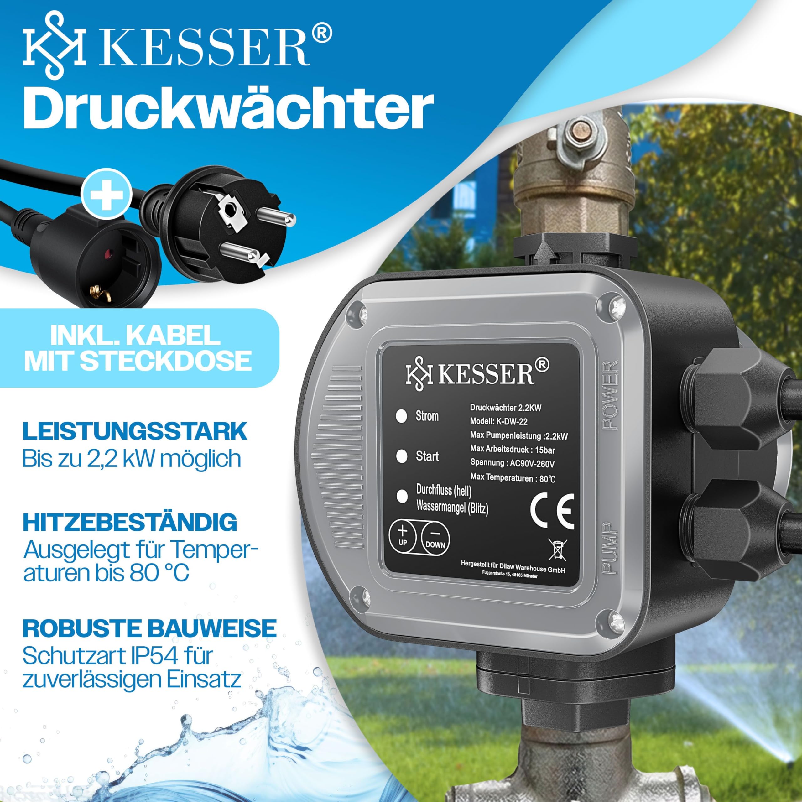 KESSER Interruptor de presión con regulador de presión, 15 bar, control de bomba, sistema de agua doméstica, riego de jardín, con cable, presión de agua constante, para jardín y casa, encendido y