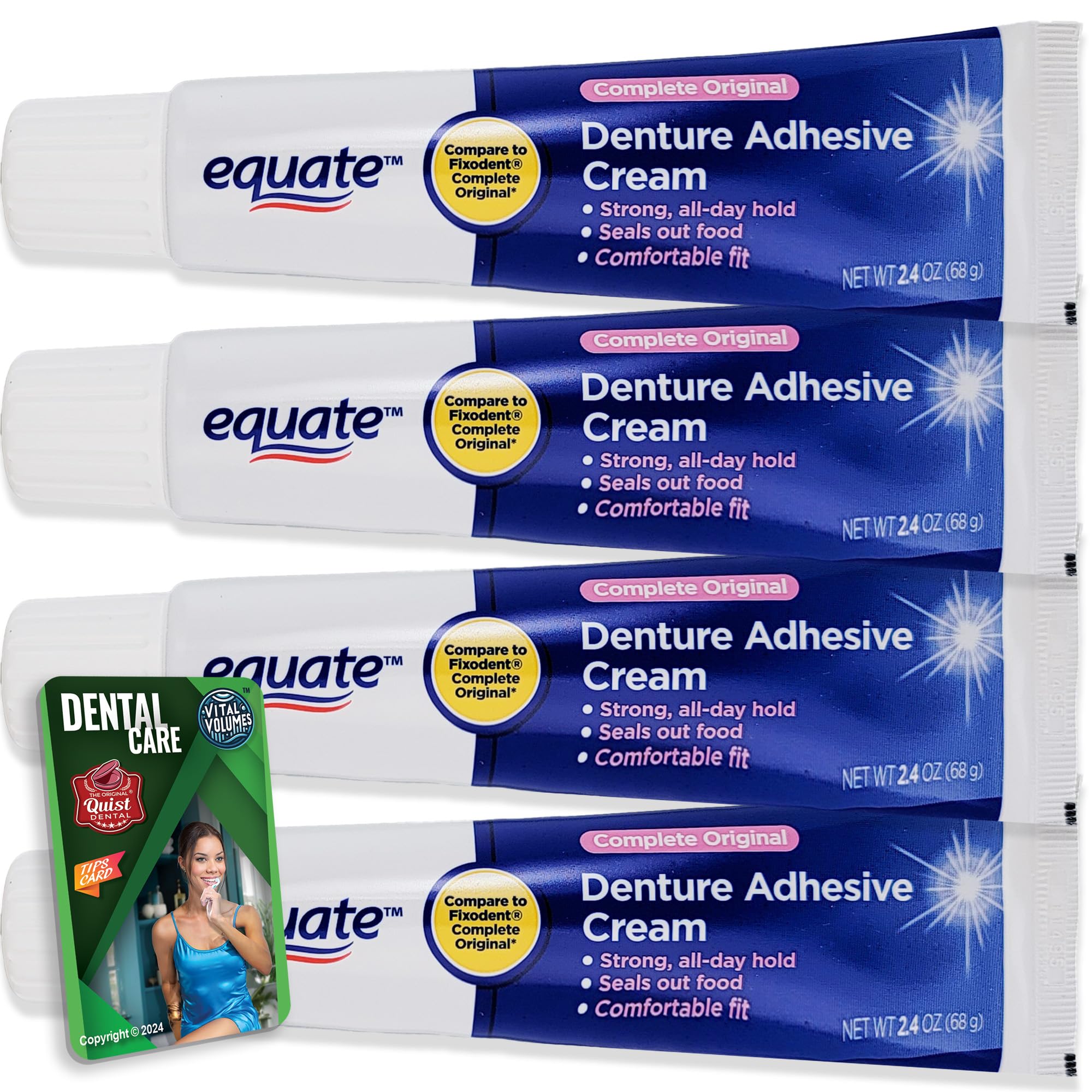 Equate Denture Adhesive Cream 2.4 OZ (68 g) 4 Pack and Vital Volumes Dental Care Tips Card - Bundle