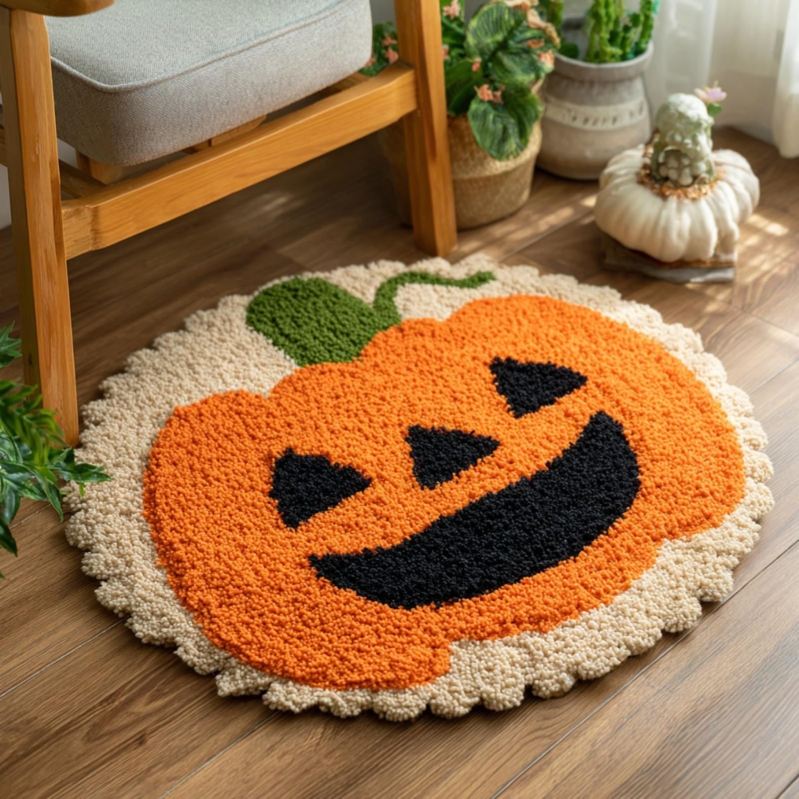 WallustrioaW DIY Carpet Latch Hook Kits,Pumpkin,Latch Hook Rug Kits for Adults Beginners DIY Needlework Crocheting Rug Home Decor,50x50cm