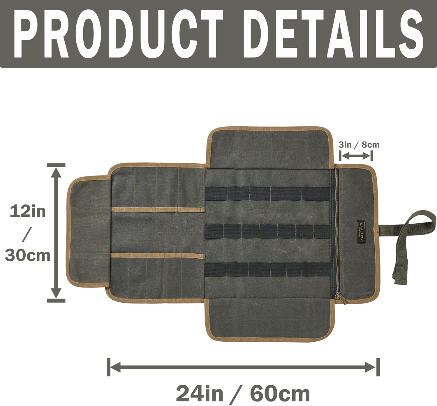Canvas Tool Roll, 16OZ Waxed Canvas Tool Carrier Roll - Multipurpose Wrench Storage Roll with 9 Slots & 1 Zippered Pocket & Elastic Band, for Electrician Contractor Repairman - Army Green