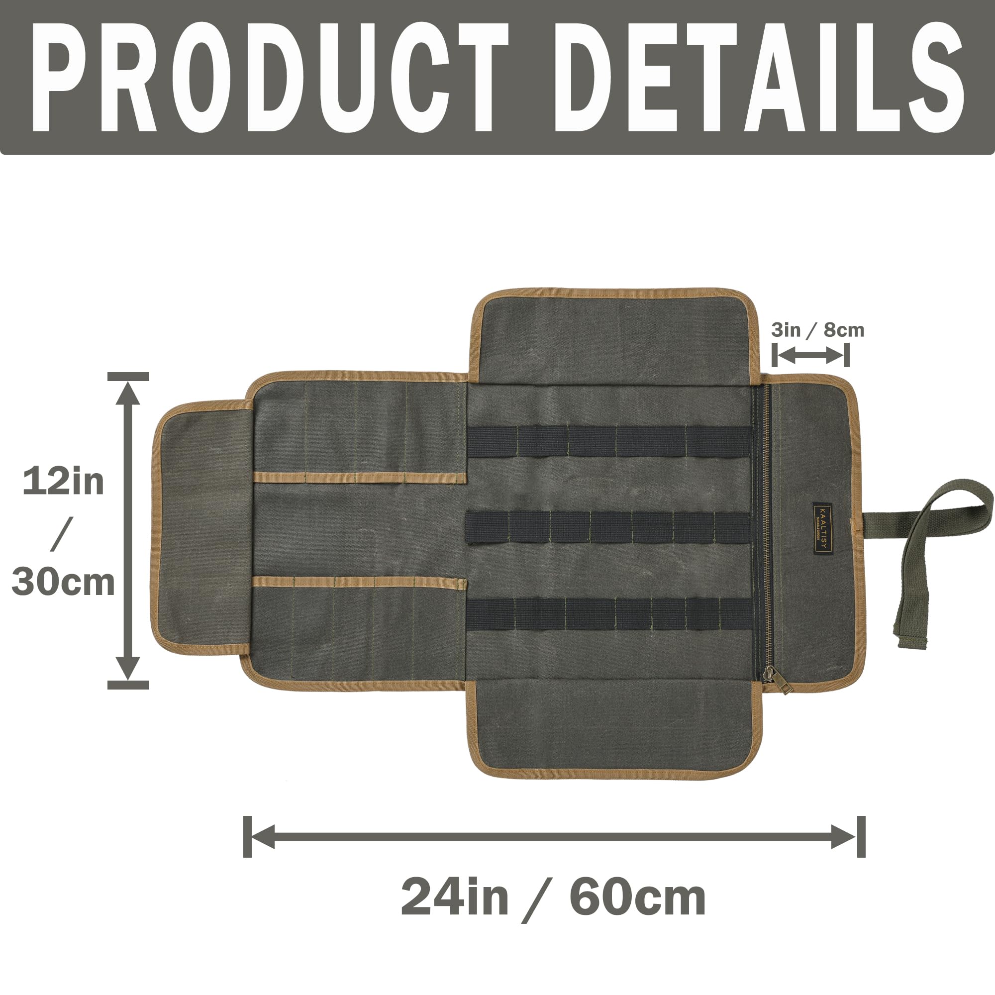 Sac à outils enroulable en toile cirée, 453,6 g – Rouleau de rangement pour outils multifonction avec 9 emplacements, 1 poche zippée et bande élastique, pour électricien, entrepreneur, réparateur,