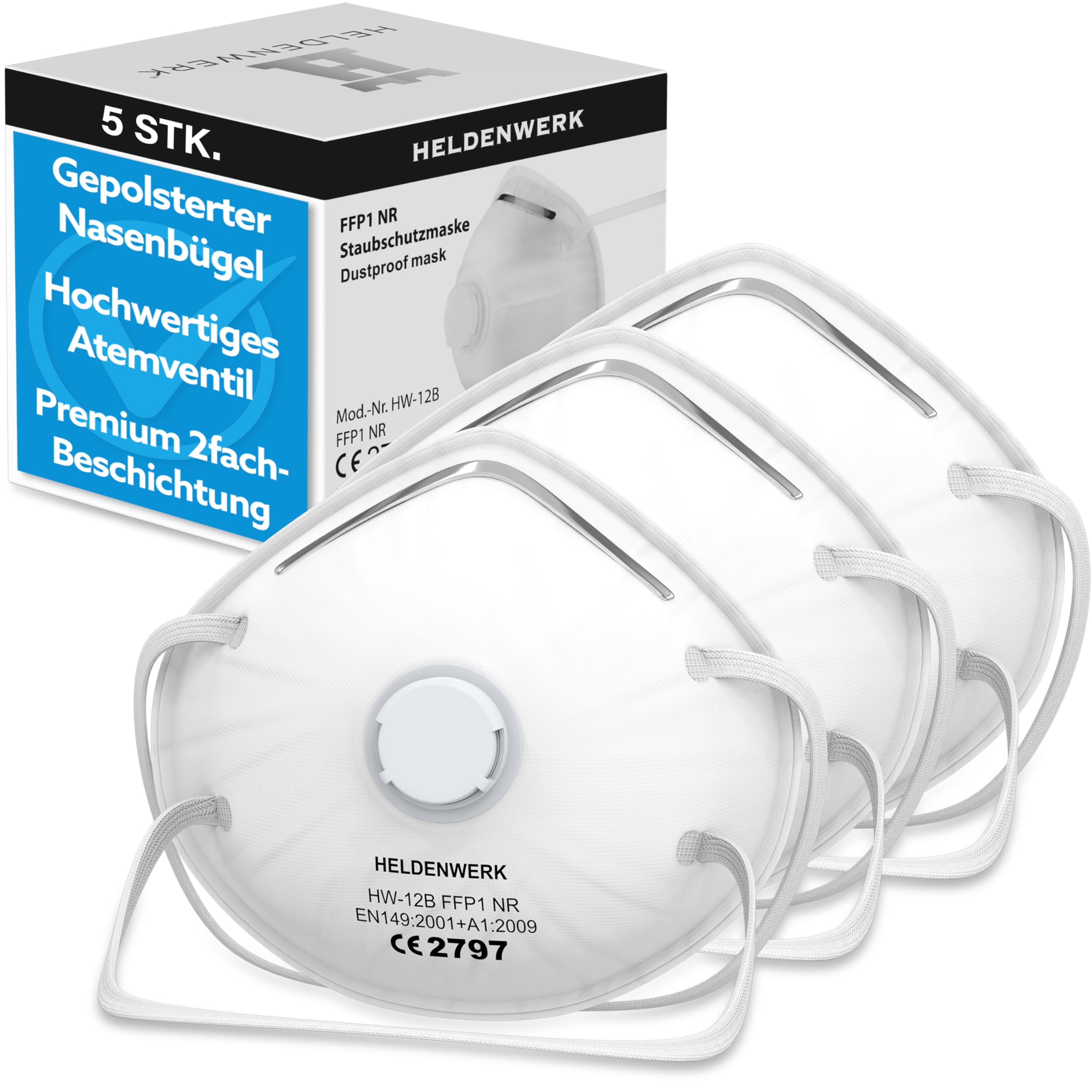 HELDENWERK Atemschutzmaske im 5er, 10er oder 20er Set - Atemmaske - Perfekt anpassbare FFP1 Mundschutz Maske - Feinstaubmaske, Staubschutzmaske für Schleifen etc