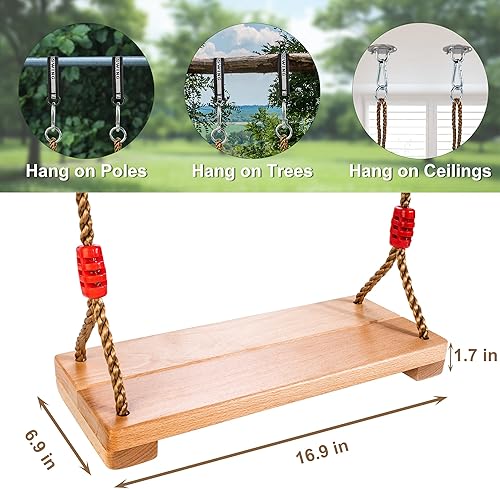 Miniatura 6 de Columpio de árbol, asiento de columpio de haya para niños y adultos con carga de 300 libras, accesorios de columpio de madera con cuerda de nailon