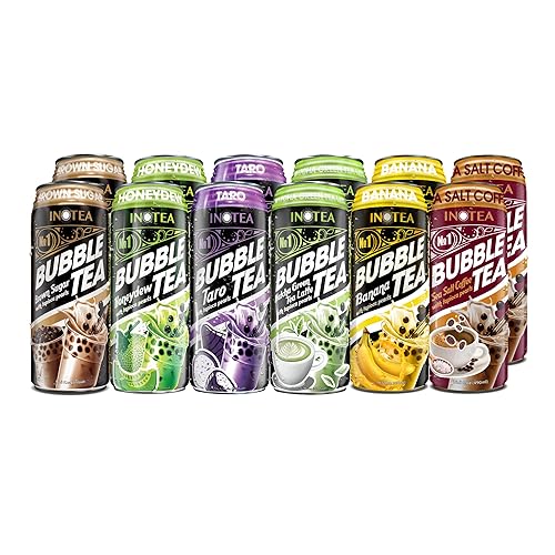 (Pack of 12) INOTEA Bubble Tea | Choose One Flavor: Brown Sugar, Taro, Honeydew, Banana, Matcha Latte, Sea Salt Coffee, and Assorted | Ready to Drink in a Can (16.6oz/can) | Black Milk Tea with Boba (Assorted (6 Flavors x 2)) - Assorted (6 Flavors x 2)