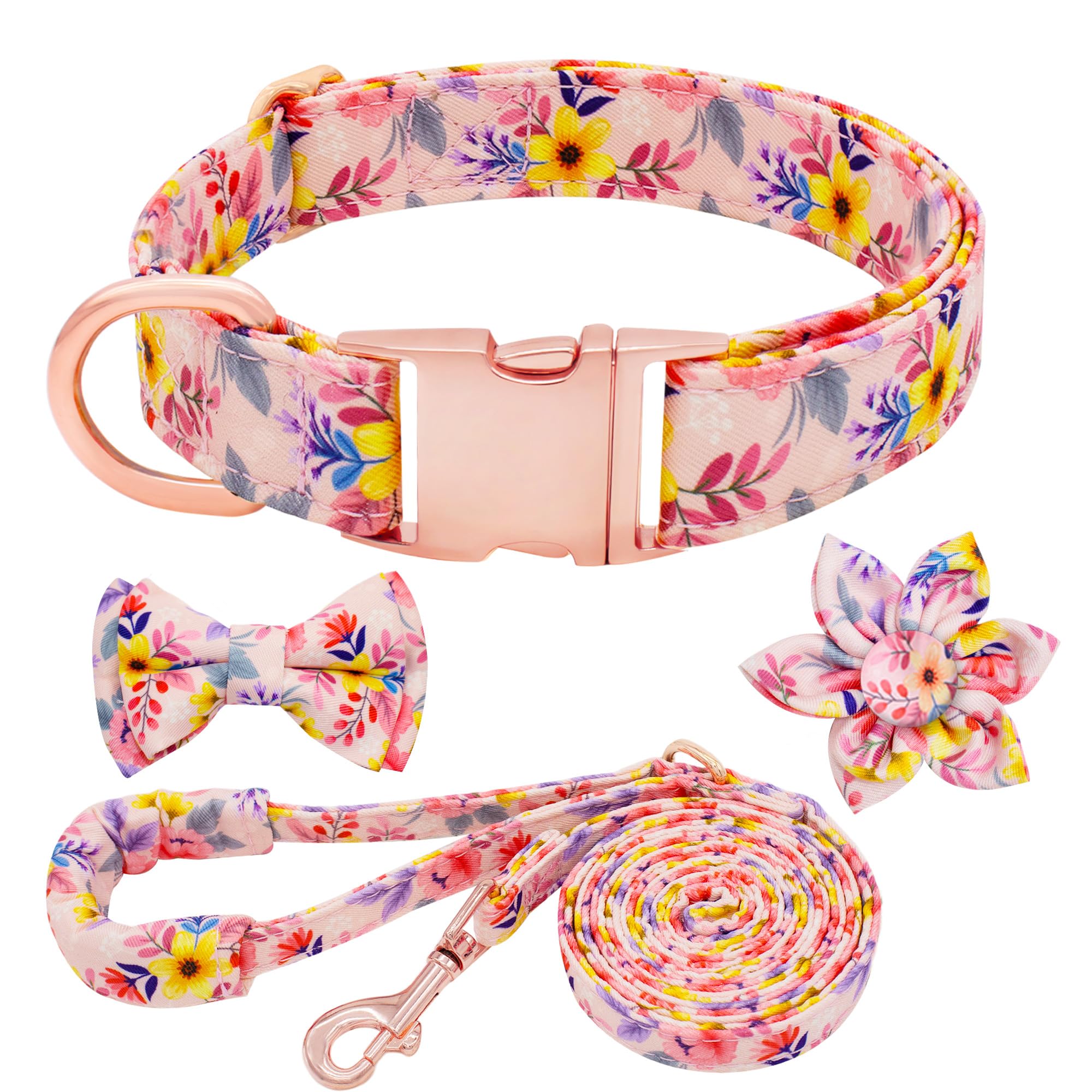 Dote on Dog Collar and Lead Set including Bow Tie, Girl Dog Collar with Detachable Flower with Strong Gold Buckle