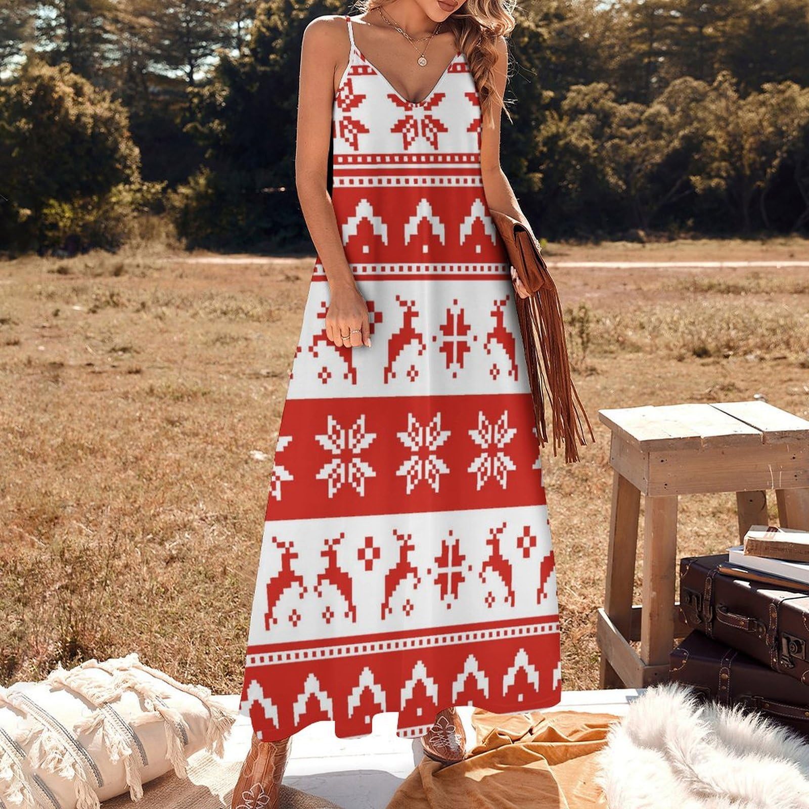 Abito estivo da donna, lungo, motivo albero di Natale, scollo a V, spalline sottili, abito da spiaggia