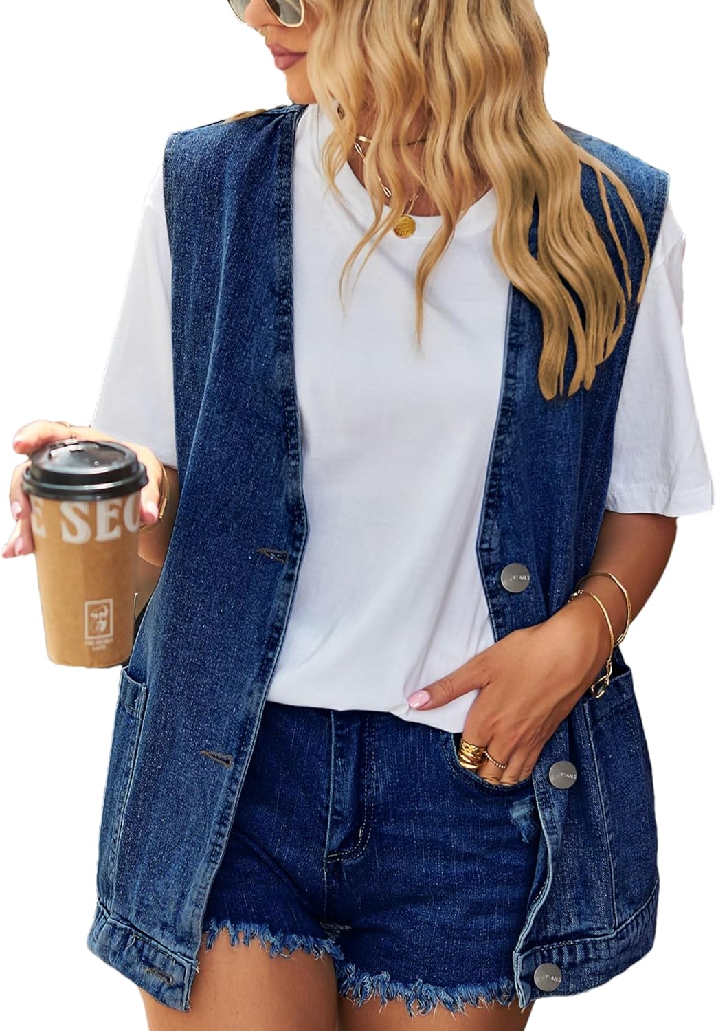 Women's Casual Denim Jean Vest Oversized Sleeveless Mid Long Button Down Jeans Jackets Vests Tops Waistcoat 