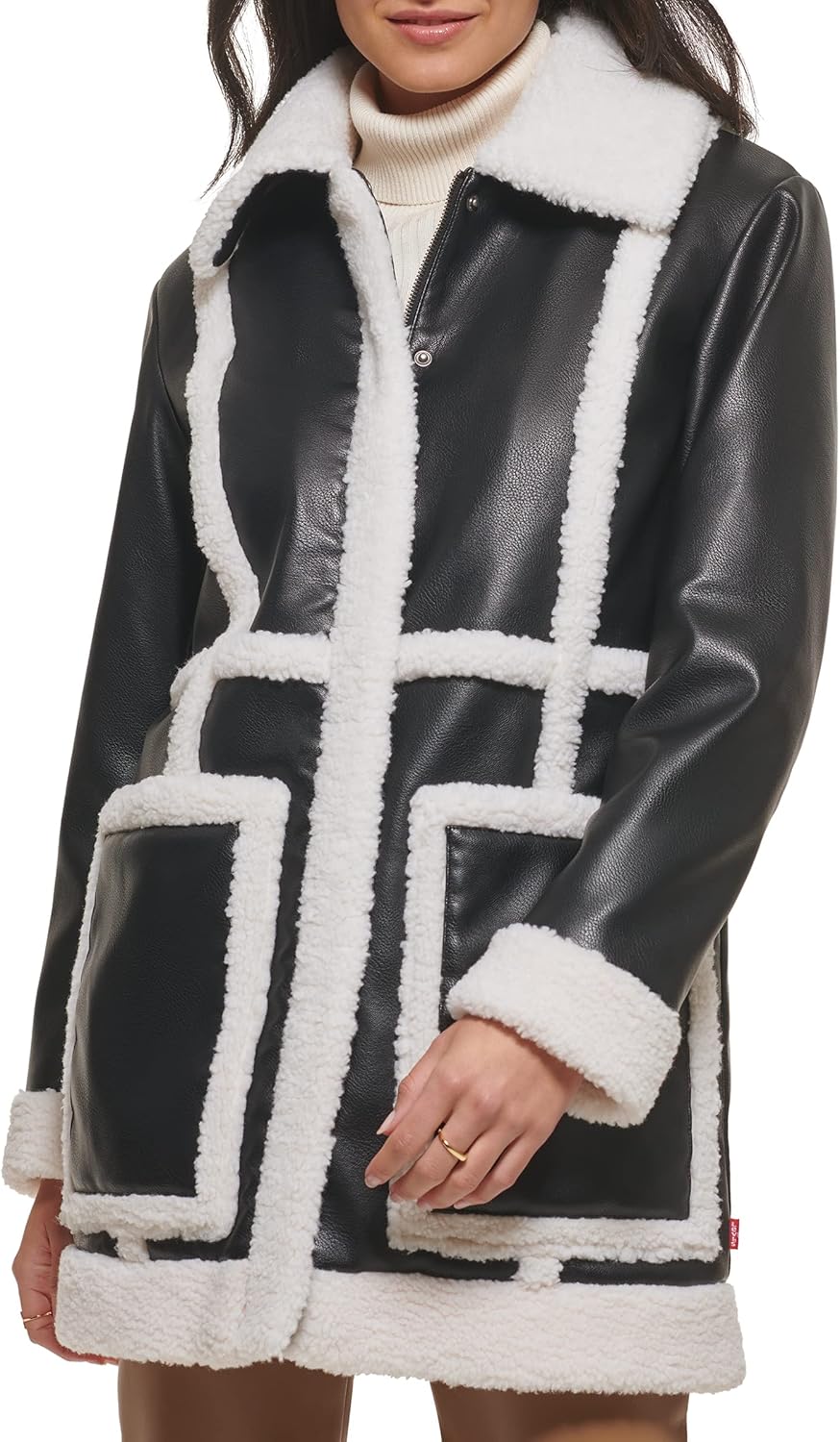Levi's Women's Long Faux Leather Jacket with Sherpa Spill Out
