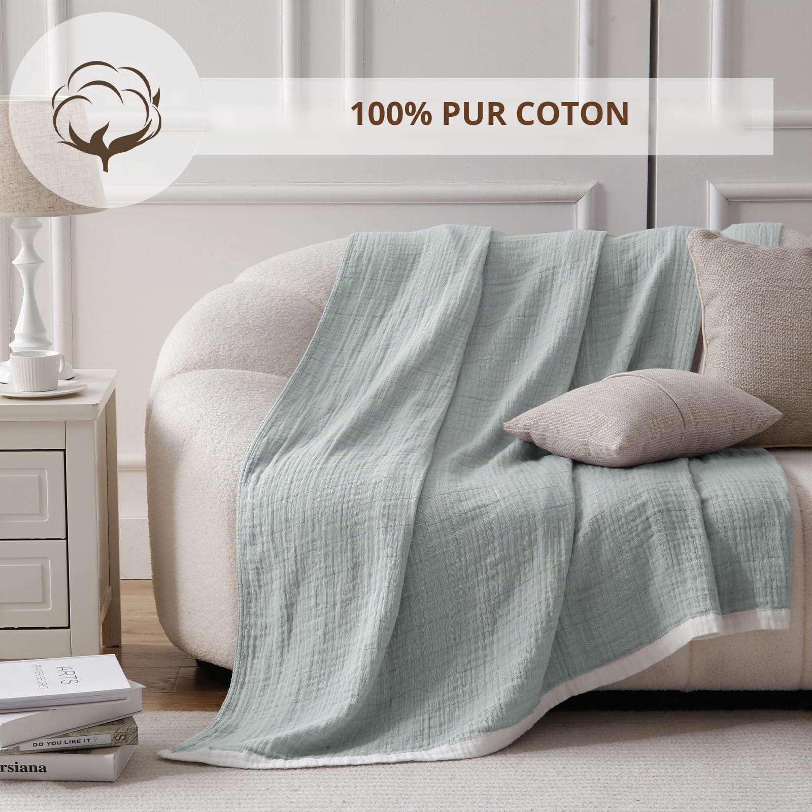 SofTexly Couverture en Mousseline de Coton 230x260 cm pour Canapé et Lit - Légère et Confortable pour Toute Saison, Bleu