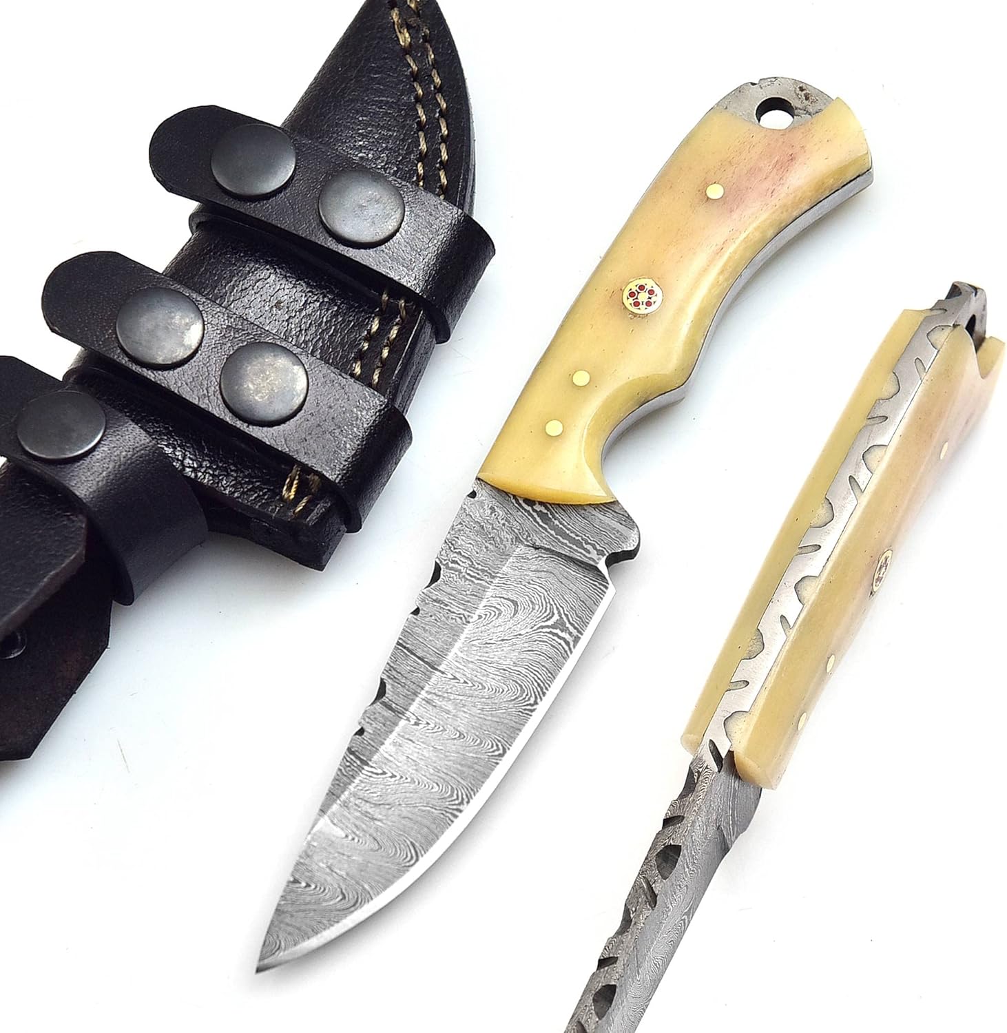 AA KNIVES 7” Handmade Damascus Hunting knife with Leather Sheath – EDC Fixed Blade Pocket Knife - Ideal for Camping, Skinning and Outdoor