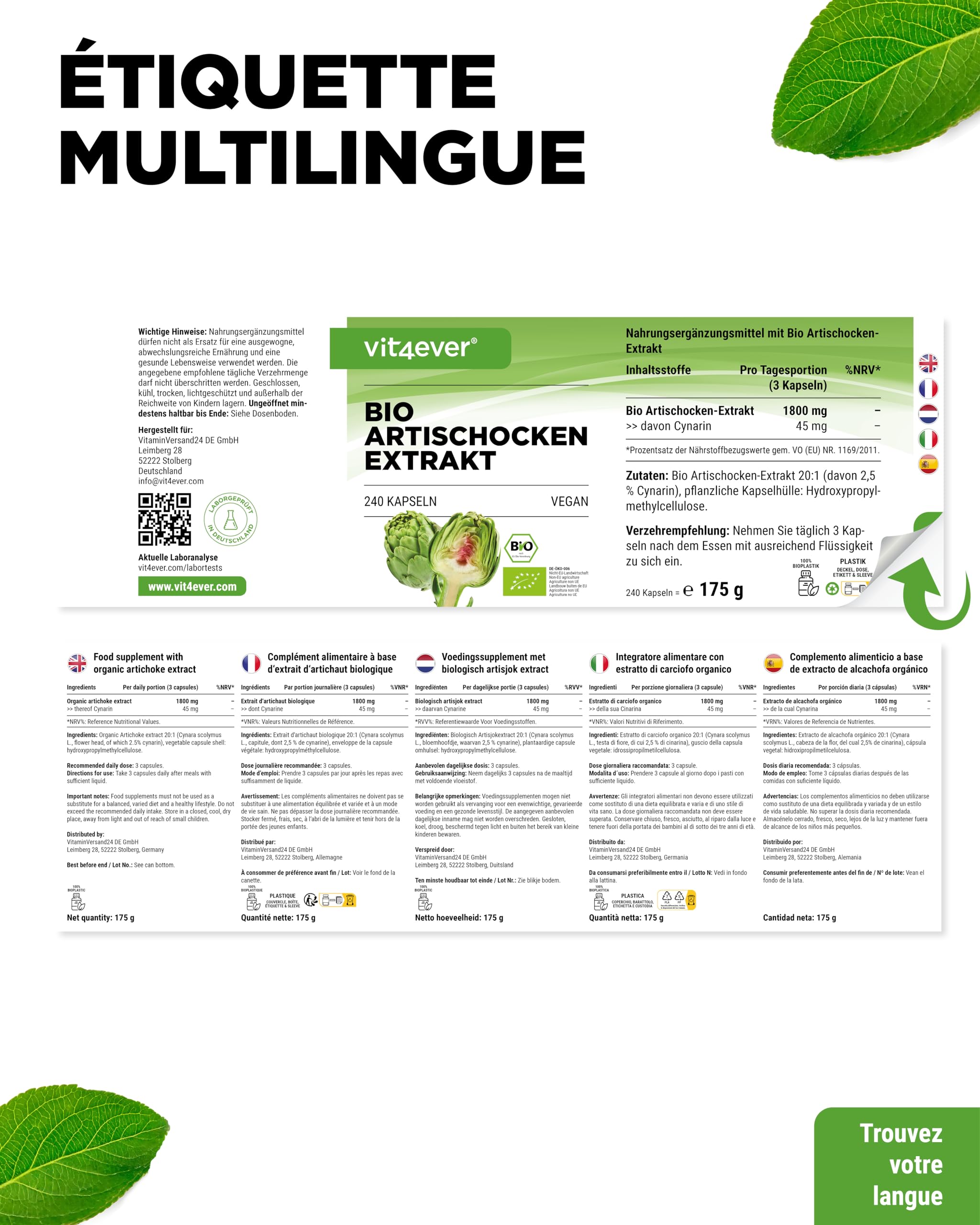 vit4ever Extrait d'Artichaut Bio - 240 capsules - 1800 mg par Dose Journalière (2,5% Cynarine) - Véritable Extrait d'Artichaut 20:1 - Qualité Bio - Hautement Dosé - Vegan