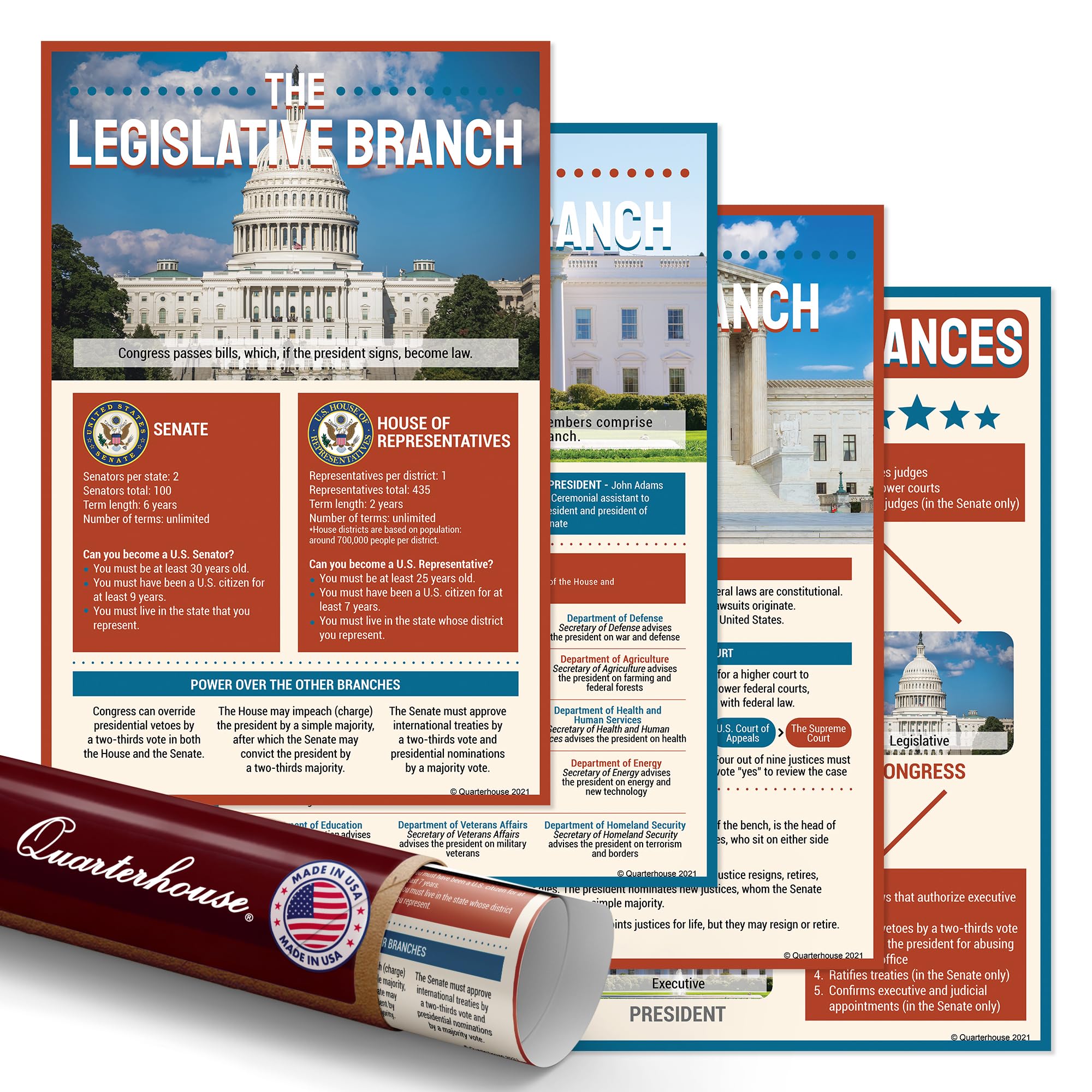 Quarterhouse 4 Poster Three Branches of Government: Checks and Balances Set, Social Studies Classroom Learning Materials for K-12 Students and