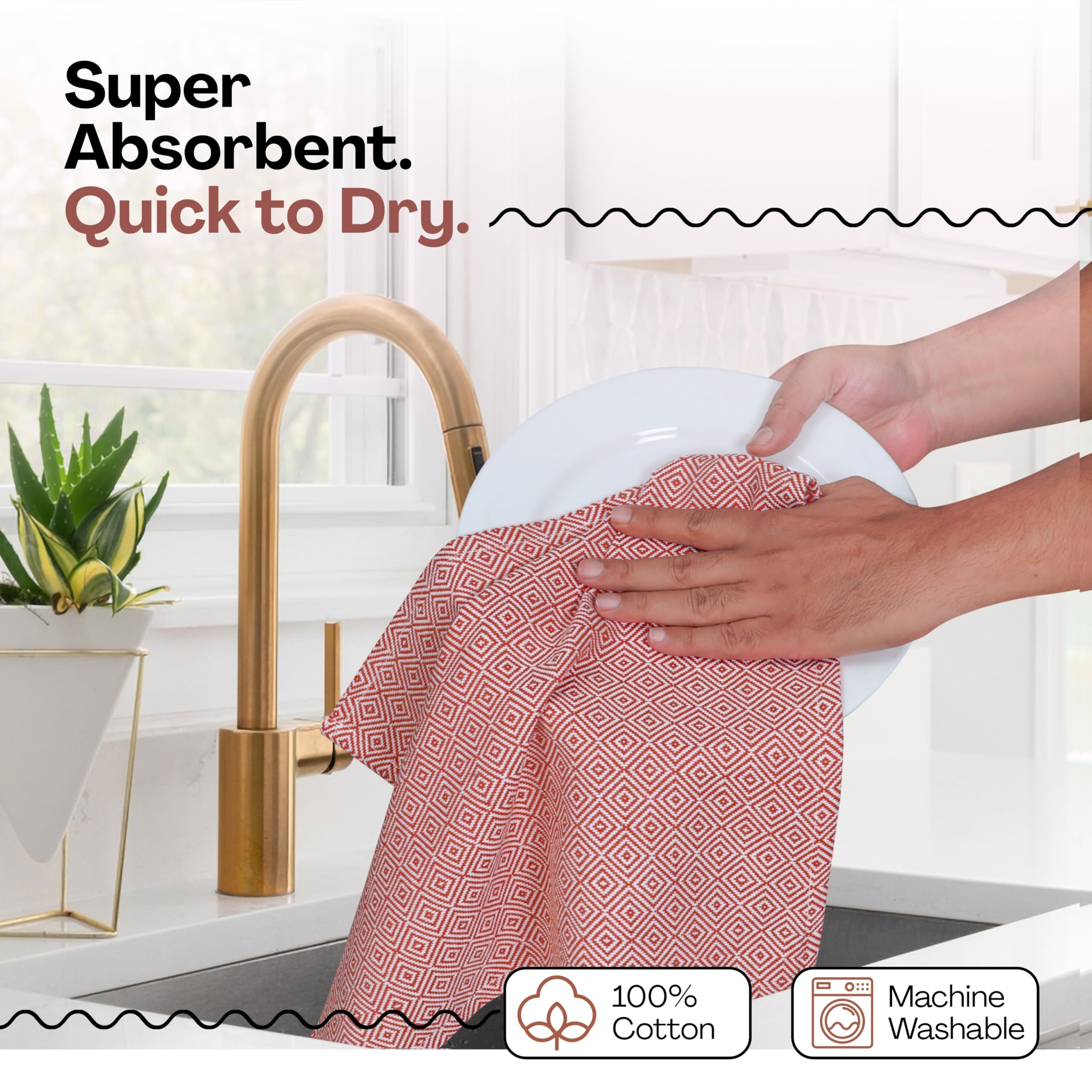 Strofinacci da cucina Rust (confezione da 12), 100% cotone, 40 x 66 cm, riutilizzabili, super assorbenti e ad asciugatura rapida, set di asciugamani con motivo a rombi, resistenti per