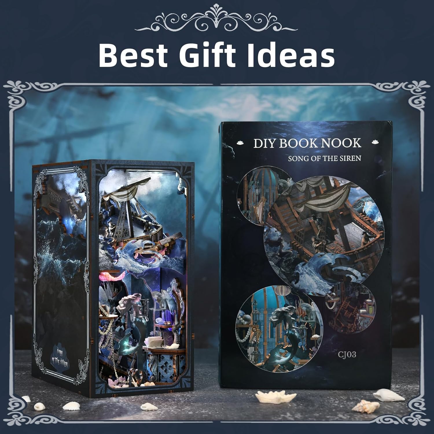 Book Nook Kit, DIY Miniature Dollhouse Book Nook Kit with Dust Cover and LED Light for Teens and Adults (The Song of Sirens)