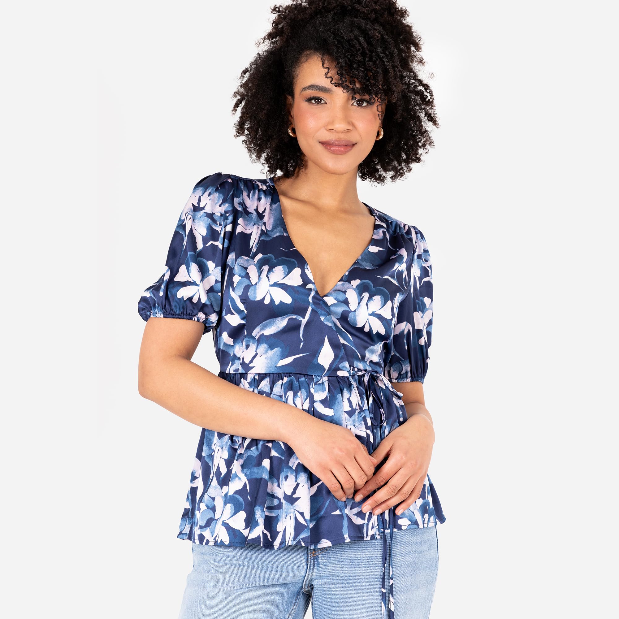 Lovedrobe Women's Ladies Wrap Top Short Puff Sleeve V-Neck Floral Floral Print Peplum Satin Blouse Smart Casual Office Wear Blouse Femme (Lot de 1)