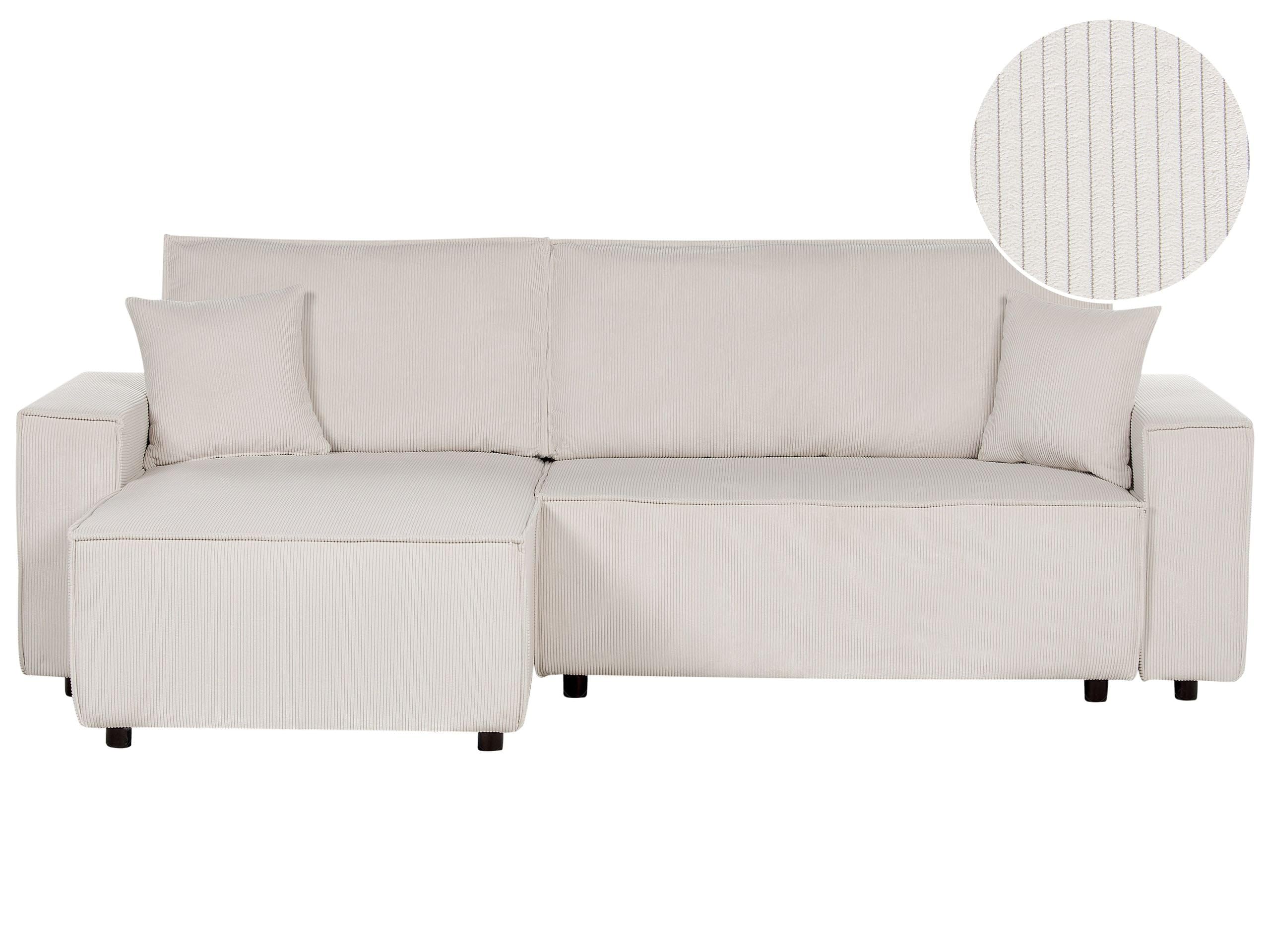 Sofa narożna prawostronna narożnik rozkładany z funkcją spania sztruksowa z poduchami kanapa złamana biel Abacka