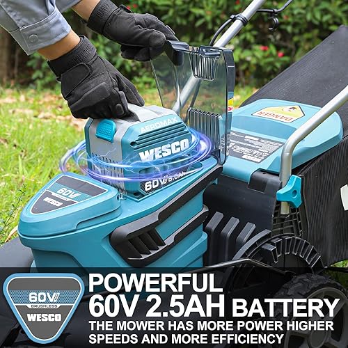 Miniatura 3 de Cortacésped inalámbrico, cortacésped WESCO de 60 V, batería de iones de litio de 2.5 Ah, ancho de corte de 17 pulgadas, acolchado de corte 3 en 1,
