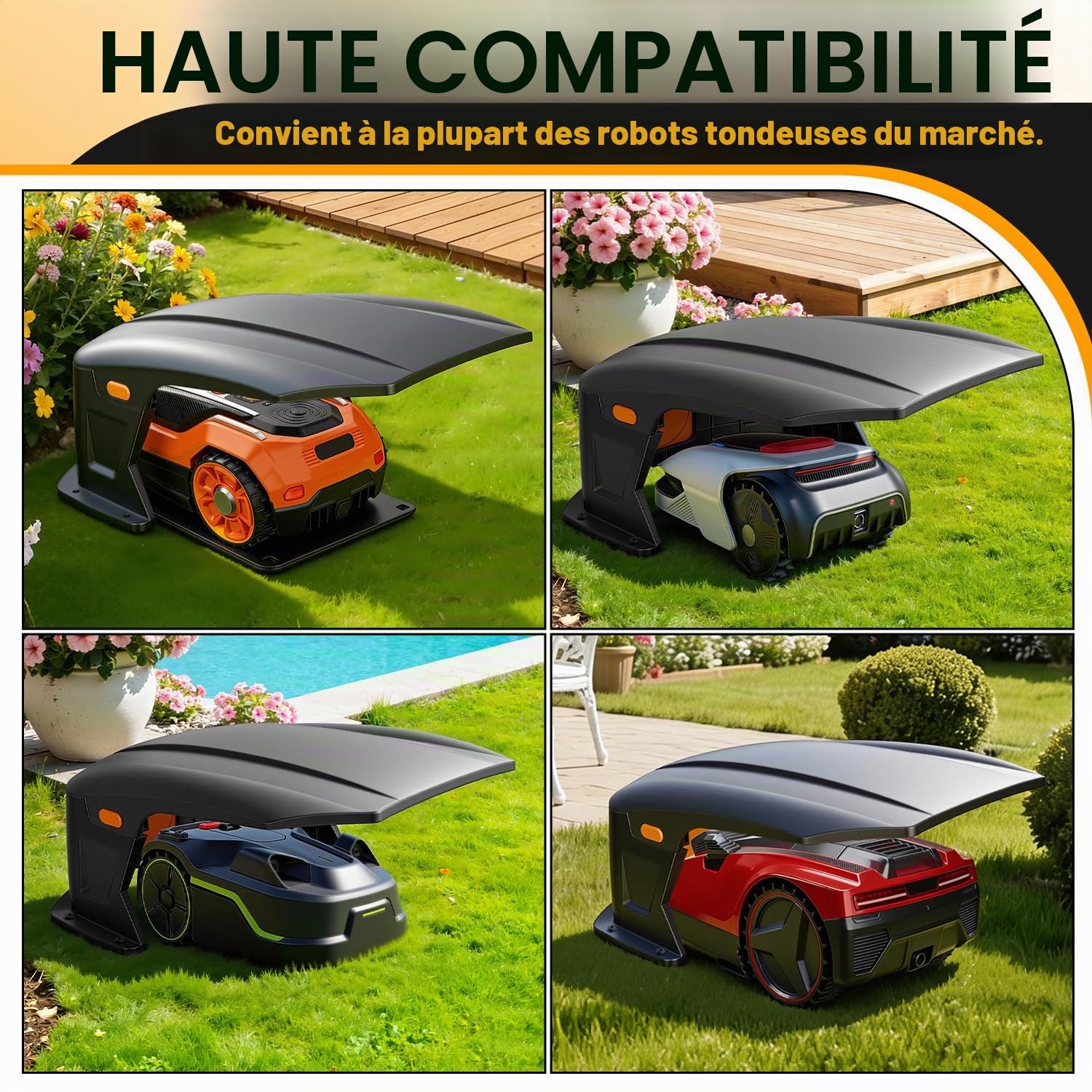 Garage pour robot tondeuse avec toit à charnière, garage pour robot tondeuse avec trappe de service, garage pour robot tondeuse résistant aux intempéries, protection UV et contre la pluie