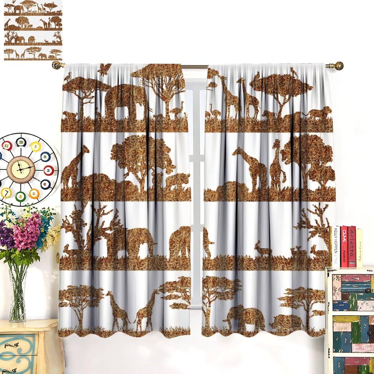 Abstract African Wildlife Curtains - Modern African Savanna Natural Landscape Animal Giraffe Elephant Window Drapes Room Darkening Blackout Thermal Insulated Rod Pocket Curtains 2 Panels 45"L x 21"W