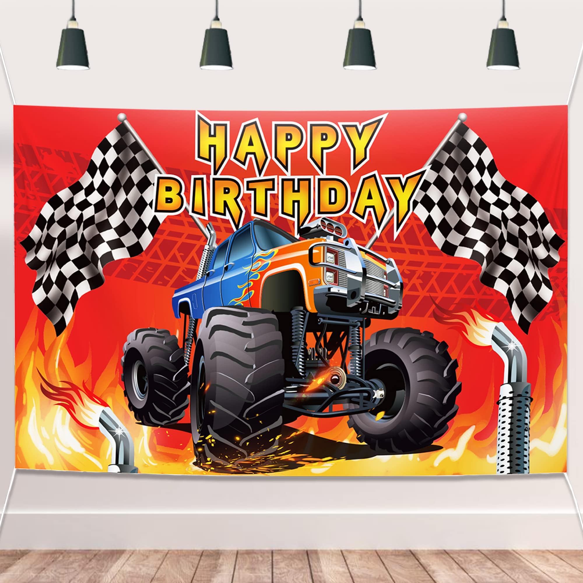 Truck Theme Party Supplies Backdrop Monster Machines Childrens Birthday Photo Backdrop Grave Digger Party Decorations Background for Cartoon Truck Theme Birthday Party Supplies, 4.75x3.28ft