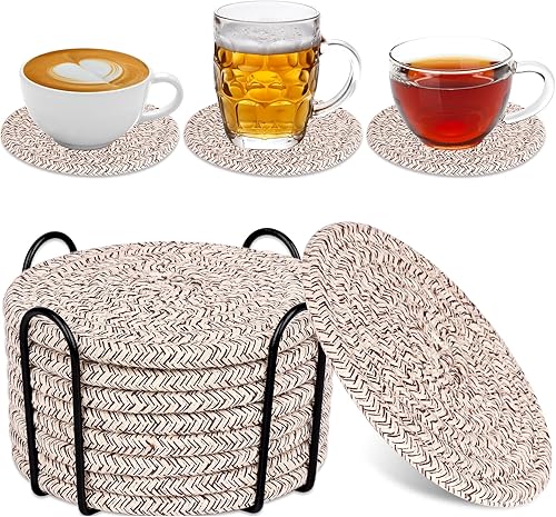 Miniatura 8 de Mckanti 8 Pcs Drink Coasters with Holder, Absorbent Coasters for Drinks, Minimalist Cotton Woven Coaster Set for Home Decor Tabletop Protection