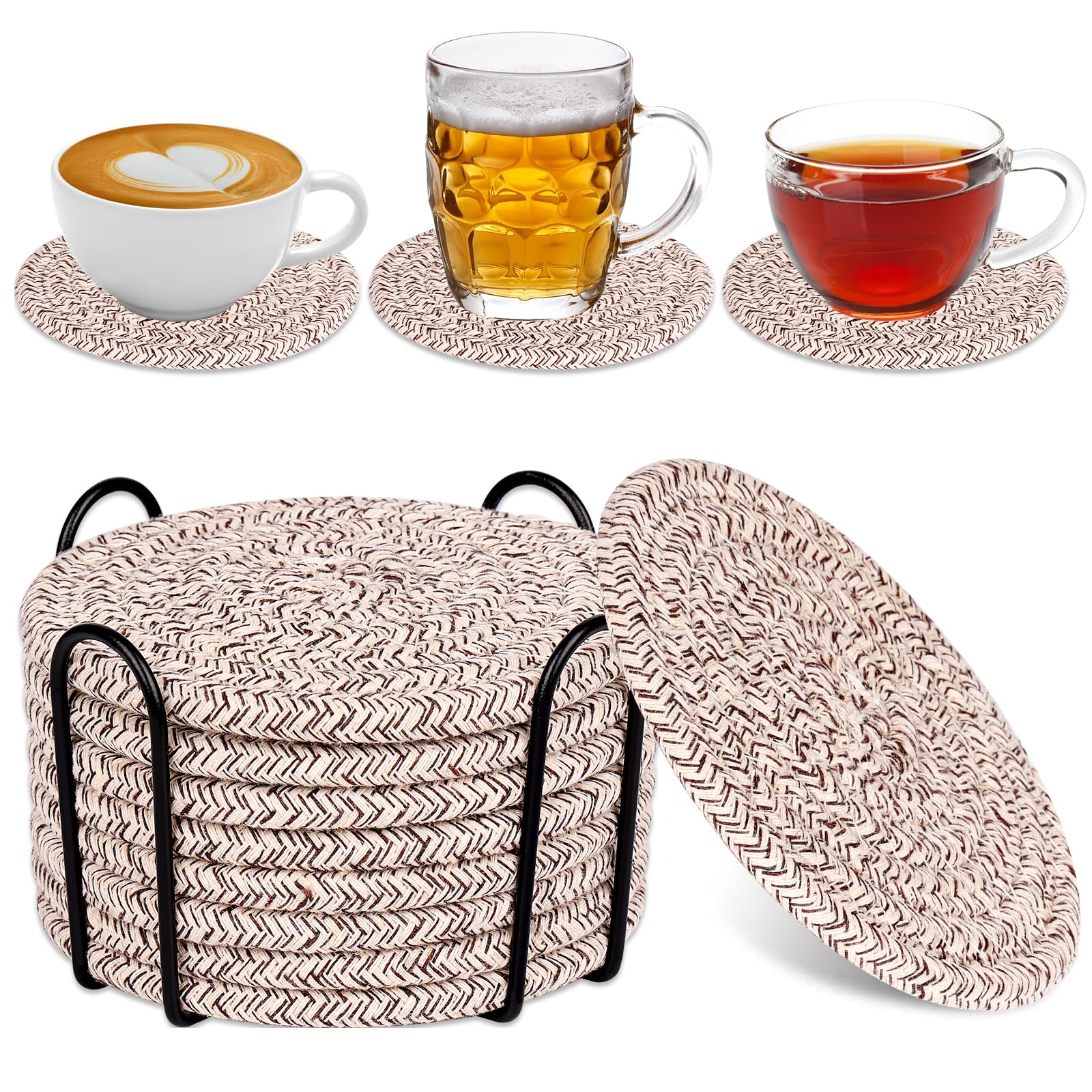 Mckanti 8 Pack Drink Coasters with Holder, Absorbent Coasters for Coffee Table, Minimalist Cotton Woven Coaster Set for Home Decor Tabletop Protection