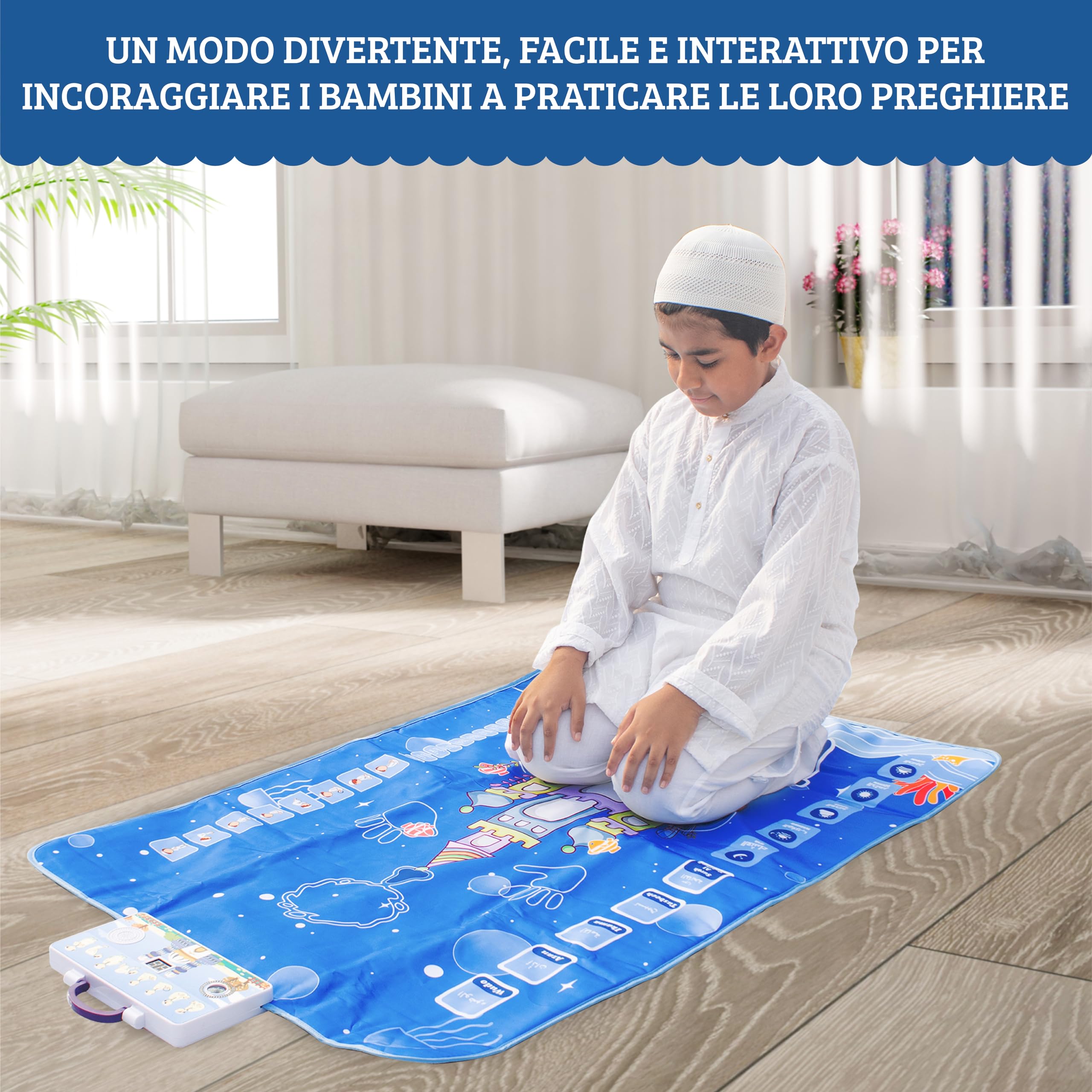 Tappeto da Preghiera Islamico Elettronico per Bambini – Tappeto per Preghiera Musulmana – Imparare a Pregare in Modo Divertente – Con Recitazione di Sura del Corano e Doua – Rosario per Tasbih Incluso