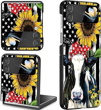 for Samsung Galaxy Z Flip 3 Phone Case, Slim Fit Hard PC Shockproof Drop Folding Stylish Protective Case for Samsung Galaxy Z Flip 3 5G 2021, American Flag and Sunflower Cow