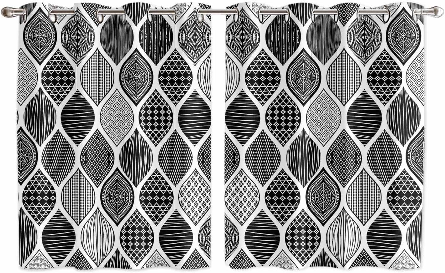 Grommet Top Window Curtains, Geometric Black Texture Durable Light Blocking Windows Drapes for Kitchen/Bedroom/Living Room, Window Treatments Curtain Set of 2 Panels 52x54 in