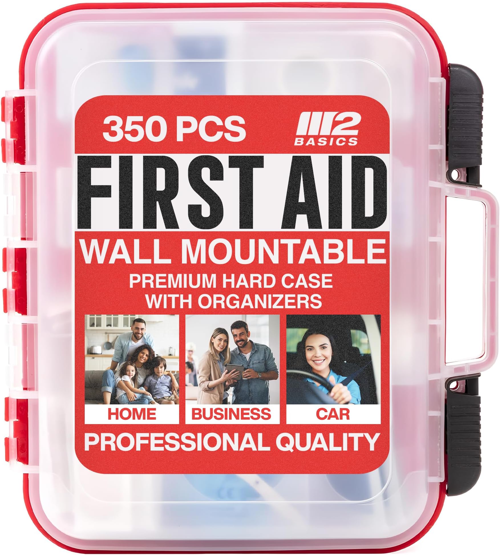 M2 BASICS 350 Piece First Aid Kit, Wall Mount Hard Case with Dual Layer Compartments for Workplace, Office, Warehouse, Home, Car
